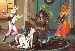 Rule 34 | 4girls, alcohol, all fours, animal ears, ass, black panties, blonde hair, bracelet, breasts, bridal gauntlets, cat ears, cat girl, cat tail, chain, chair, colored skin, cunnilingus, cup, d-rex, drinking glass, fins, fish tail, food, fox ears, fox girl, fox tail, grin, groin, hair ornament, highres, holding, holding tray, indoors, jewelry, large breasts, long hair, magic, multicolored hair, multiple girls, navel, nipples, oral, orange hair, panties, pussy, rabbit ears, rabbit girl, rabbit tail, see-through, see-through legwear, shiny skin, short hair, slave, small breasts, smile, standing, tail, teeth, toeless footwear, toeless legwear, tray, two-tone hair, underwear, white skin, wine, wine glass, yuri