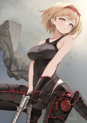 Rule 34 | 1girl, black gloves, black shirt, blonde hair, breasts, closed mouth, collarbone, commentary, djeeta (granblue fantasy), earrings, gloves, granblue fantasy, gun, hairband, handgun, highres, holding, holding gun, holding weapon, jewelry, kimblee, looking at viewer, medium breasts, red hairband, shirt, short hair, sleeveless, sleeveless shirt, solo, weapon, yellow eyes