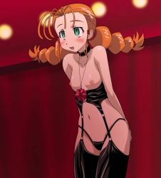 Rule 34 | 1girl, bdsm, blush, breastless clothes, breasts, collar, flat chest, garter straps, green eyes, gunxsword, hair ornament, jewelry, navel, necklace, nipples, orange hair, panties, saliva, slave, small breasts, solo, thighhighs, twintails, underwear, wendy garrett