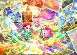 Rule 34 | adeleine, beret, blue eyes, blue sky, blush stickers, brown hair, clip studio paint (medium), dress, fairy, fairy wings, flower, forest, green shirt, grey skirt, hair ribbon, hat, highres, kirby, kirby (series), kirby 64, kumaoka pon, nature, nintendo, open mouth, paintbrush, painting (action), painting (object), pink eyes, pink hair, purple eyes, red dress, red headwear, red ribbon, ribbon, ribbon (kirby), shirt, skirt, sky, smile, smock, star (symbol), tree, wings