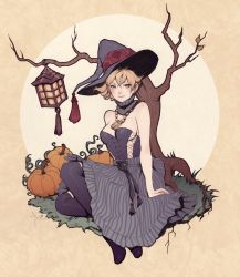 Rule 34 | 1girl, bare shoulders, black hat, blonde hair, blush, breasts, dress, halloween, hat, highres, jasmin darnell, jewelry, medium breasts, necklace, original, pumpkin, sitting, smile, solo, strapless, striped clothes, striped dress, tree, witch hat
