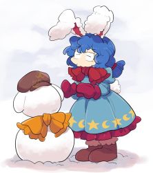Rule 34 | 1girl, :3, animal ears, blue dress, blue hair, boots, rabbit ears, rabbit tail, commentary request, crescent, dress, closed eyes, furukawa (yomawari), hat, mittens, no nose, ringo (touhou), seiran (touhou), snow, snow boots, snowman, star (symbol), tail, touhou