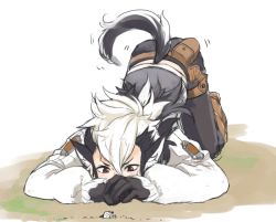 Rule 34 | 1boy, all fours, animal ears, ant, bad id, bad pixiv id, black gloves, blush, bug, dirt, european clothes, fire emblem, fire emblem fates, frilled sleeves, frills, gloves, hallco, bug, keaton (fire emblem), looking down, male focus, messy hair, multicolored hair, nintendo, puffy sleeves, red eyes, solo, sugar cube, tail, top-down bottom-up, two-tone hair, wolf boy