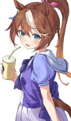 Rule 34 | 1girl, :d, animal ears, blue eyes, blush, bow, bowtie, brown hair, colored tips, drink, from side, hachinatsu, hair between eyes, hair bow, hair flaps, high ponytail, highres, holding, holding drink, horse ears, horse girl, horse tail, long hair, looking at viewer, multicolored hair, open mouth, pink bow, pleated skirt, ponytail, purple bow, purple bowtie, sailor collar, school uniform, shirt, short sleeves, skirt, smile, solo, standing, tail, teeth, tokai teio (umamusume), tracen school uniform, two-tone hair, umamusume, white hair