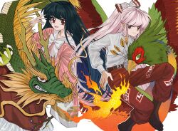 Rule 34 | 2girls, :d, belt, bird, black footwear, black hair, boots, bow, branch, closed mouth, collared shirt, dragon, eastern dragon, fire, fujiwara no mokou, full body, hair bow, highres, houraisan kaguya, jeweled branch of hourai, long hair, long sleeves, looking at viewer, multiple girls, ofuda, ofuda on clothes, open mouth, pants, phoenix, pink hair, pink shirt, ponytail, red eyes, red pants, red skirt, shirt, sidelocks, skirt, smile, staygold, touhou, very long hair, white bow, white shirt