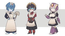 Rule 34 | 3girls, ^ ^, absurdres, apron, autobot, blue eyes, chibi, chromia, closed eyes, cosplay, dress, duster, closed eyes, highres, holding, holding duster, holding tray, jijing5658, maid, maid apron, multiple girls, nautica (transformers), no humans, open hands, smile, the transformers (idw), transformers, tray, windblade