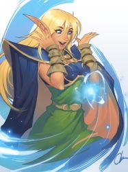 Rule 34 | 1girl, arm warmers, armor, blonde hair, blue cape, breastplate, breasts, cape, chuck pires, circlet, commentary, deedlit, dress, elf, english commentary, green dress, highres, lips, long pointy ears, looking down, magic, medium breasts, pauldrons, pointy ears, record of lodoss war, shoulder armor, solo, surprised, tunic