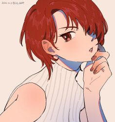 Rule 34 | 1girl, alternate hair length, alternate hairstyle, blush, commentary request, dated, ear blush, hair over one eye, hand on own face, head rest, highres, kirijou mitsuru, lcs 0209, looking at viewer, official alternate costume, parted lips, persona, persona 3, persona 3 reload, red eyes, red hair, red lips, red nails, ribbed sweater, short hair, simple background, sleeveless, sleeveless turtleneck, solo, sweater, turtleneck, turtleneck sweater, upper body, white sweater