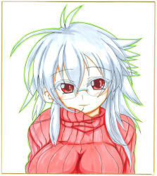 Rule 34 | 1girl, bad id, bad pixiv id, breasts, fuurin rei, highres, large breasts, long hair, looking at viewer, original, red eyes, shikishi, simple background, smile, solo, sweater, tomoyan (nyakkoya), traditional media, upper body, white background, white hair