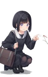 Rule 34 | 1girl, @ @, bag, black footwear, black hair, black pantyhose, black shirt, black skirt, blush, branch, bug, closed mouth, collarbone, commentary request, dragonfly, full body, grey eyes, hand up, highres, index finger raised, insect, loafers, long sleeves, na-ga, original, pantyhose, sailor collar, school bag, school uniform, shadow, shirt, shoes, short hair, shoulder bag, simple background, skirt, sleeves past wrists, solo, squatting, wavy mouth, white background, white sailor collar