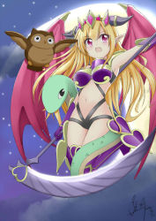 Rule 34 | 10s, 1girl, 2014, artist name, benchen06, bird, blonde hair, breasts, demon girl, demon wings, fang, gloves, horns, lilith (p&amp;d), long hair, moon, owl, pointy ears, purple eyes, puzzle &amp; dragons, scythe, snake, solo, wings