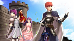 Rule 34 | 1boy, 3girls, androgynous, arisu shiria, armor, arondight (fate), bare shoulders, bazett fraga mcremitz, breasts, cape, castle, dress, earrings, elbow gloves, emiya shirou, fate/stay night, fate (series), flat chest, formal, frills, full armor, gauntlets, gloves, greaves, hair down, hair ribbon, hand on hilt, jewelry, large breasts, long hair, looking back, matou sakura, medieval, mole, multiple girls, pauldrons, purple hair, red eyes, red hair, reverse trap, ribbon, short hair, shoulder armor, sitting, strapless, strapless dress, sword, tohsaka rin, weapon, wind