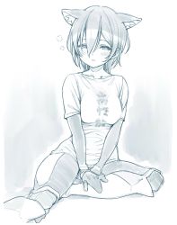 Rule 34 | 1girl, android, animal ears, blush, breasts, cat ears, commentary request, extra ears, hair between eyes, highres, hololive, mechanical arms, medium breasts, monochrome, no pants, nosir onadat, roboco-san, roboco-san (high-spec t-shirt), shirt, short hair, simple background, sleepy, solo, t-shirt, virtual youtuber