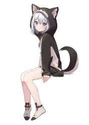 Rule 34 | 1girl, animal ears, animal hood, bare legs, black hoodie, black skirt, blue eyes, blush, closed mouth, commentary, dog ears, dog tail, fake animal ears, from side, hair between eyes, highres, hood, hood up, hoodie, kohaku nene, la peche party, long sleeves, looking at viewer, looking to the side, no shoes, short hair, silver hair, simple background, sitting, skirt, sleeves past wrists, socks, solo, syhan, tail, virtual youtuber, white background, white socks