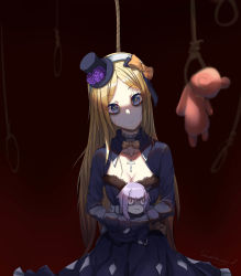 Rule 34 | 1girl, abigail williams (fate), absurdres, black dress, blonde hair, blood, bloody tears, blue eyes, bow, breasts, cleavage, commentary request, cross, dress, fate/grand order, fate (series), hanged, hat, highres, jewelry, kaer sasi dianxia, long hair, looking back, necklace, orange bow, pixiv fate/grand order contest 2, rope, rope around neck, signature, small breasts, stuffed animal, stuffed toy, suicide, teddy bear