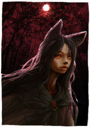 Rule 34 | 1girl, animal ears, brooch, brown hair, dress, forest, full moon, imaizumi kagerou, jewelry, lips, long hair, md5 mismatch, moon, nature, niy (nenenoa), realistic, red eyes, red moon, resolution mismatch, solo, source larger, touhou, very long hair, wolf ears