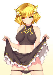 Rule 34 | 1girl, absurdres, bare shoulders, black panties, black skirt, blonde hair, charlotte (shironeko project), closed mouth, dean (momodean), female focus, frilled skirt, frills, hair ornament, heterochromia, highres, looking at viewer, midriff, panties, panty pull, shironeko project, short hair, simple background, skirt, smile, solo, underwear, white background