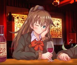 Rule 34 | 2girls, alcohol, blue eyes, bow, bowtie, brown hair, commentary request, cup, drinking glass, hand on own face, highres, kantai collection, koutetunamekuji, kumano (kancolle), kumano kai ni (kancolle), long hair, looking at viewer, multiple girls, orange bow, orange bowtie, ponytail, sleeping, solo focus, suzuya (kancolle), upper body, wine, wine glass