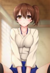 Rule 34 | 10s, 1girl, bad id, bad pixiv id, black thighhighs, blue skirt, blush, breasts squeezed together, breasts, brown eyes, brown hair, cleavage, collarbone, gengodou, hakama, hakama short skirt, hakama skirt, indoors, japanese clothes, kaga (kancolle), kantai collection, large breasts, looking at viewer, side ponytail, skirt, solo, tapisuke, thighhighs, v arms, window