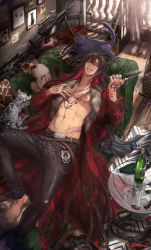 Rule 34 | 1boy, abs, bara, bare pectorals, barefoot, black pants, bottle, cat, couch, drawing (object), foot tattoo, from above, hand tattoo, highres, jacket, large pectorals, leather, leather pants, long hair, looking at viewer, lying, male focus, muscular, open clothes, open jacket, original, pants, pectorals, rug, solo, sunlight, table, tattoo, wine bottle, wooden floor, zawar379