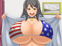 Rule 34 | american flag bikini, bikini, breasts, flag print, huge breasts, kawanuma uotsuri, looking at viewer, saionji aki, smile, swimsuit