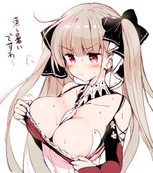 Rule 34 | 1girl, akina tsukako, azur lane, bare shoulders, between breasts, black ribbon, blush, breasts, cleavage, collarbone, formidable (azur lane), grey hair, large breasts, red eyes, ribbon, simple background, solo, twintails, two-tone ribbon, wet, white background, white ribbon