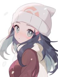 Rule 34 | 1girl, beanie, black hair, blush, closed mouth, coat, commentary request, creatures (company), dawn (pokemon), ebi (shrimp eleven), eyelashes, from side, game freak, grey eyes, hair ornament, hairclip, hat, highres, long hair, looking at viewer, looking to the side, nintendo, pokemon, pokemon dppt, pokemon platinum, red coat, scarf, sidelocks, simple background, snowing, solo, upper body, white background, white hat, white scarf