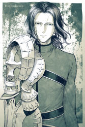 Rule 34 | 1boy, armor, artist name, asymmetrical clothes, black hair, expressionless, fate/grand order, fate (series), gilles de rais (caster) (fate), gilles de rais (saber) (fate), hagino kouta, highres, limited palette, low ponytail, male focus, pauldrons, shoulder armor, single pauldron, solo
