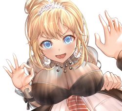 Rule 34 | 1boy, 1girl, absurdres, black jacket, blonde hair, blush, breast press, breasts, collarbone, diamond earrings, earrings, hair bun, highres, hololive, hololive english, honkivampy, jacket, jewelry, large breasts, lying on person, mole, mole on breast, necktie, open mouth, pov, red necktie, shirt, single hair bun, solo focus, tiara, v-shaped eyebrows, virtual youtuber, watson amelia, watson amelia (party dress), white background, white shirt