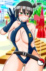 Rule 34 | 1girl, black hair, blush, breasts, creatures (company), game freak, gloves, green eyes, grin, heart, highres, large breasts, legs, looking at viewer, misty (pokemon), navel, nintendo, pokemon, pokemon: the electric tale of pikachu, ponytail, sakiyuki, smile, solo, swimsuit, thick thighs, thighs