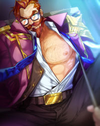 Rule 34 | 1boy, abs, alternate hair color, assisted exposure, bara, bare pectorals, beard, blue-framed eyewear, brown pants, chest hair, denim, facial hair, glasses, highres, jacket, jeans, karipaku, large pectorals, league of legends, looking at viewer, graves (league of legends), male focus, mature male, muscular, muscular male, nipples, official alternate costume, open clothes, open jacket, open shirt, pants, pectorals, pov, short hair, shoulder spikes, solo focus, spikes, spread legs, stomach, undressing another
