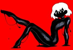 Rule 34 | 1boy, black skin, colored skin, dizzyspells, dripping, full body, ghost, ghost slime, hydie (cibastion), ink, leg up, male focus, monster boy, no mouth, on floor, original, red background, shiny skin, short hair, sitting, slime (creature), slime boy, solo, trap, white hair