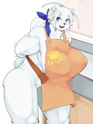 Rule 34 | 1girl, apron, blue eyes, furry, furry female, highres, naked apron, open mouth, ruishin, short hair, solo, white hair