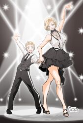 Rule 34 | arms up, bare shoulders, black necktie, black pants, black skirt, blonde hair, blue eyes, breasts, collared shirt, full body, height difference, high heels, interlocked fingers, large breasts, legs, necktie, open mouth, pants, shirt, short hair, skirt, smile, standing, tall female, taller female, vest, white shirt