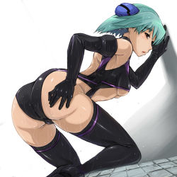Rule 34 | 1girl, ass, breasts, elbow gloves, gadget trial, gloves, hisoka, midriff, nomiya37564, one-piece swimsuit, short hair, silk, solo, spider web, swimsuit, thighhighs, underboob, wet