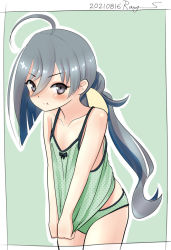 Rule 34 | 1girl, :t, ahoge, border, camisole, camisole pull, clothes pull, cowboy shot, dated, green background, green camisole, green panties, grey eyes, grey hair, hair between eyes, hair bun, kantai collection, kiyoshimo (kancolle), looking at viewer, low twintails, one-hour drawing challenge, panties, pout, ray.s, signature, single hair bun, solo, twintails, underwear, underwear only, white border
