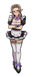 Rule 34 | 1girl, akairiot, alternate costume, angry, annoyed, apron, blue eyes, blush, bow, bowtie, breasts, brown hair, cleavage, crossed arms, enmaided, full body, long hair, maid, maid apron, maid headdress, nintendo, pointy ears, princess zelda, sidelocks, solo, super smash bros., the legend of zelda, the legend of zelda: twilight princess, thighhighs, transparent background, triforce, white thighhighs, wrist cuffs, zettai ryouiki