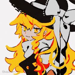 Rule 34 | 1girl, artist name, black hat, blonde hair, closed mouth, hair between eyes, hat, highres, kirisame marisa, looking at viewer, simple background, smile, sobamushi mo, solo, touhou, upper body, witch hat, yellow eyes