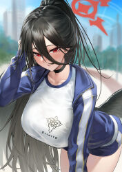 Rule 34 | 1girl, absurdres, black choker, black hair, blue archive, blue jacket, blue shorts, blue sky, blurry, blurry background, breasts, choker, gym uniform, halo, hand in own hair, hasumi (blue archive), hasumi (track) (blue archive), high ponytail, highres, jacket, large breasts, leaning forward, long hair, mitsukichi, mole, mole under eye, official alternate costume, parted lips, red eyes, shirt, short shorts, shorts, sky, solo, sweat, thighs, track jacket, very long hair, white shirt, wings
