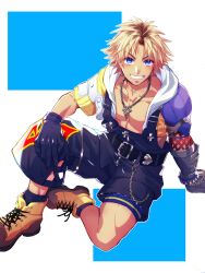 Rule 34 | 1boy, belt, blonde hair, blue eyes, chain, chain necklace, commentary request, cropped jacket, final fantasy, final fantasy x, gloves, highres, hood, jacket, jewelry, male focus, necklace, overalls, simple background, smile, solo, tamagokake shio, tidus, yellow footwear