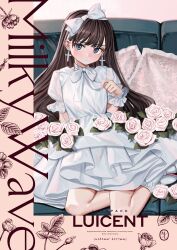 Rule 34 | 1girl, absurdres, blue eyes, bow, brown hair, cover, cover page, cross, cross earrings, dress, earrings, english text, flower, frilled dress, frills, hair bow, highres, jewelry, long hair, looking at viewer, luicent, original, pillow, sitting, white bow, white dress
