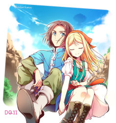 Rule 34 | 1boy, 1girl, bandana, blonde hair, blue eyes, boots, brown hair, chikariya, closed eyes, copyright name, couple, cross-laced footwear, dragon quest, dragon quest xi, dress, emma (dq11), hero (dq11), lace-up boots, leaning on person, looking at viewer, mountain, sitting, smile, tree