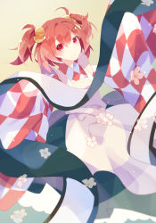 Rule 34 | 1girl, absurdres, apron, bell, checkered clothes, checkered kimono, commentary, feet out of frame, flower, frilled skirt, frills, green skirt, hair bell, hair ornament, highres, japanese clothes, kimono, long sleeves, looking at viewer, medium hair, motoori kosuzu, open mouth, orange hair, red eyes, red kimono, scroll, shinketsu kanyu, simple background, skirt, sleeves past fingers, sleeves past wrists, solo, touhou, two-tone kimono, two side up, white apron, white kimono, wide sleeves, yellow background