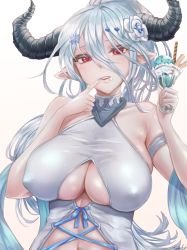 Rule 34 | 1girl, absurdres, alternate costume, bare shoulders, blue hair, breasts, center opening, commentary request, covered erect nipples, draph, flower, food, granblue fantasy, hair between eyes, hair flower, hair ornament, hairclip, highres, horns, ice cream, ice cream cup, izmir, izmir (summer) (granblue fantasy), large breasts, long hair, looking at viewer, nail polish, parted lips, pointy ears, ponytail, red eyes, smile, solo, swimsuit, tasselcat, underboob, upper body