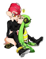 Rule 34 | 1girl, agent 3 (splatoon), agent 8 (splatoon), ankle boots, arm support, asymmetrical sleeves, black footwear, black jacket, black shorts, blunt bangs, boots, brown eyes, closed mouth, commentary, crop top, emblem, full body, green hair, hands on another&#039;s face, head tilt, headgear, indian style, inkling, inkling girl, inkling player character, jacket, leather, leather jacket, light frown, long hair, looking at another, nintendo, octoling, octoling boy, octoling player character, red hair, short hair, shorts, simple background, sitting, splatoon (series), splatoon 2, splatoon 2: octo expansion, squid, squidbeak splatoon, straddling, uneven sleeves, vest, white background, yellow vest, yeneny, zipper, zipper pull tab