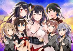 Rule 34 | 6+girls, :d, ^ ^, arm at side, asagumo (kancolle), bare shoulders, black hair, black serafuku, black shirt, blue eyes, blush, braid, breasts, brown eyes, brown hair, burnt clothes, cleavage, clenched hand, closed eyes, closed mouth, cloud, cloudy sky, collarbone, detached sleeves, dirty, dirty face, double bun, facing viewer, floral print, fusou (kancolle), green eyes, green hair, hair between eyes, hair bun, hair flaps, hair ornament, hair over shoulder, hair ribbon, hairband, hairpin, hand on another&#039;s head, hand on another&#039;s shoulder, happy tears, headband, headgear, height difference, hug, japanese clothes, kantai collection, kimono, light particles, light purple hair, long hair, long sleeves, looking at viewer, medium breasts, michishio (kancolle), mogami (kancolle), multiple girls, navel, neckerchief, no bra, open clothes, open mouth, own hands together, ponytail, red eyes, red neckerchief, red ribbon, remodel (kantai collection), ribbon, school uniform, serafuku, shigure (kancolle), shirt, short hair, short sleeves, sidelocks, single braid, sky, small breasts, smile, stomach, swept bangs, tareme, tears, torn clothes, torn kimono, torn shirt, torn sleeves, two side up, unbuttoned, underboob, white hairband, white kimono, yamagumo (kancolle), yamashiro (kancolle), yuna (yukiyuna)