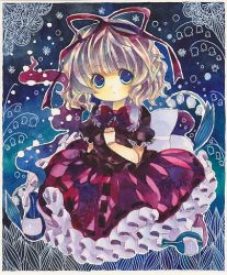 Rule 34 | 1girl, blonde hair, blue eyes, doll joints, dress, female focus, flower, frills, gathers, joints, lace, lily of the valley, lowres, medicine melancholy, millipen (medium), niko (2ars), ribbon, short hair, solo, touhou, traditional media