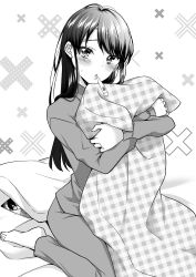 Rule 34 | 1girl, absurdres, barefoot, blanket, blush, closed mouth, greyscale, highres, ice cream kanojo, kawai miruku, kuune rin, long hair, looking at viewer, monochrome, mouth hold, hugging object, pajamas, pants, plaid, shirt, simple background, sitting, solo, thermometer, unmoving pattern, wariza, white background, x