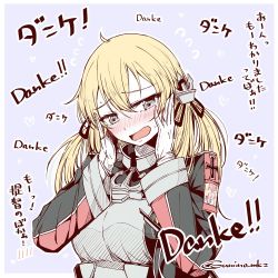Rule 34 | 1girl, bad link, blonde hair, blue eyes, blush, breasts, cross, embarrassed, eyelashes, eyes visible through hair, german text, gloves, hair between eyes, hands on own face, iron cross, kantai collection, looking away, medium breasts, medium hair, military, military uniform, open mouth, prinz eugen (kancolle), solo, twintails, umino mokuzu (shizumisou), uniform, white gloves