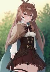 Rule 34 | 1girl, ahoge, belt, black panties, brown corset, brown eyes, brown hair, cape, capelet, cloak, corset, feathers, fingerless gloves, gloves, hieroglyphics, highres, hololive, hololive english, long hair, nanashi mumei, nonddu, panties, ponytail, red skirt, ribbon, shirt, skirt, smile, solo, thigh strap, thighhighs, tree, underwear, virtual youtuber, white shirt